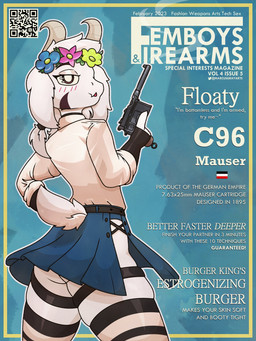 anthro arm_warmers armwear belt blush blush_lines bottomwear butt clothed clothing crossdressing femboy fingerless_gloves flower flower_crown furgonomics gloves gun hand_on_hip handwear horn legband legwear looking_at_viewer looking_back looking_back_at_viewer male male_anthro no_underwear pattern_clothing pattern_legwear pattern_thigh_highs plant qr_code ranged_weapon rear_view scut_tail short_tail side_slit side_slit_dress side_slit_skirt skirt slit_dress smoking_gun solo striped_clothing striped_legwear striped_thigh_highs stripes tail tail_through_skirt text thigh_highs thighband weapon marcus_gray femboys_and_firearms bovid caprine goat mammal 2023 3:4 cover english_text hi_res magazine_cover