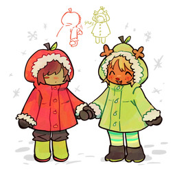 ambiguous_gender ambiguous_human anthro brown_body brown_fur brown_hair clothing coat duo female fur gloves green_clothing green_coat green_topwear hair handwear red_clothing red_coat red_topwear simple_background topwear white_background winter_clothing goomyloid deltarune undertale_(series) kris_dreemurr noelle_holiday deer human mammal new_world_deer reindeer 2026 digital_media_(artwork) hi_res nonbinary_(lore)