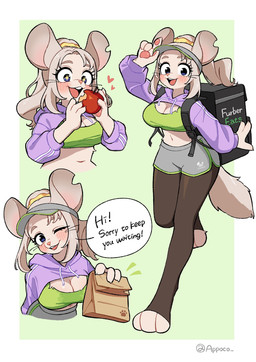 3_toes accessory anthro apple backpack backpack_strap bag big_breasts big_ears biped bite_mark black_backpack black_eyes black_text black_whiskers blush bodily_fluids bottomwear breasts buckteeth cleavage cleavage_cutout clothed clothed_female clothing cutout delivery_(commerce) delivery_employee dialogue eating_apple eating_fruit emanata eyebrows eyelashes feet female food fruit fur green_clothing green_topwear greeting grey_visor hair hair_accessory hair_bun hair_tie hat headgear headwear holding_bag holding_food holding_fruit holding_object legwear long_eyelashes navel notched_ear open_mouth open_smile pawpads pink_blush pink_inner_ear pink_nose pink_pawpads plant purple_clothing purple_sweater purple_topwear shorts simple_background smile smiling_at_viewer solo sparkles sparkling_eyes speech_bubble sweat sweater tail talking_to_viewer tan_eyebrows teeth text tights toes topwear visor visor_cap whiskers white_body white_ears white_fur white_speech_bubble yellow_hair_tie appoco uber_eats carrie_(appoco) mammal mouse murid murine rodent 2026 colored digital_drawing_(artwork) digital_media_(artwork) english_text hi_res model_sheet