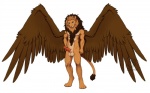 anthro balls biped blue_eyes brown_body brown_feathers erection feathered_wings feathers genitals looking_at_viewer male mane nude penis simple_background smile solo standing tail white_background wings valderic_blackstag felid lion mammal pantherine 2012 digital_media_(artwork)