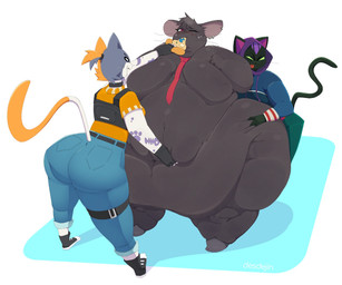 anthro belly belly_grab belly_overhang big_belly big_breasts big_butt black_body black_fur blush bodily_fluids breasts butt clothed clothing ear_piercing eating eyelashes fat_arms fat_legs featureless_breasts feeding female food fur green_eyes group hand_on_belly holding_food holding_object holding_pizza hoodie huge_belly morbidly_obese morbidly_obese_anthro morbidly_obese_female mostly_nude navel necktie necktie_only notched_ear nude obese obese_anthro obese_female one_eye_closed overweight overweight_anthro overweight_female piercing pizza pizza_slice red_eyes simple_background standing sweat sweatdrop topwear desdejin epic_games fortnite camille_(fortnite) cate_meowdy nyanja_(fortnite) domestic_cat felid feline felis mammal mouse murid murine rodent 2025 hi_res