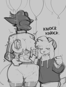 age_difference anthro armwear balloon big_breasts birthday birthday_cake blindfold bovid_horn bovine_horn bovine_tail breasts cake candle clothed clothed_anthro clothed_male clothing collar dessert ears_back ears_down elbow_gloves female fist fist_bump food front_view genitals gesture gloves grabbing grey_armwear grey_background grey_body grey_clothing grey_elbow_gloves grey_gloves grey_handwear grey_hat grey_headwear grey_hoodie grey_horn grey_legwear grey_nipples grey_tail grey_thigh_highs grey_topwear hair hands_behind_back handwear hat head_tuft headgear headwear holding_cake holding_food holding_object hoodie horn inflatable larger_anthro larger_female legwear looking_at_viewer male male/female mouth_closed nipple_fetish nipple_piercing nipple_play nipple_ring nipples nude nude_anthro nude_female open_mouth piercing pivoted_ears ring_piercing short_tail simple_background size_difference smaller_anthro smaller_male smug smug_face smug_grin submissive submissive_female tail text thick_thighs thigh_highs topwear tuft vulva wide_hips young young_anthro young_male zovos mythology nihaku_(character) bovid caprine dragon goat mammal mythological_creature mythological_scalie scalie 2024 english_text greyscale hi_res monochrome