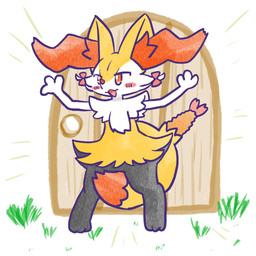 ambiguous_anthro ambiguous_gender anthro biped blush blush_stickers bow_ribbon detailed_background digitigrade dipstick_tail door focus_lines food front_view grass markings object_in_tail open_:3 open_mouth open_smile outside plant rawr shrimp_(food) smile solo standing tail tail_between_legs tail_markings three-quarter_view annyui0611 nintendo pokemon braixen canid generation_6_pokemon mammal pokemon_(species) 1:1 2023 digital_drawing_(artwork) digital_media_(artwork) full-length_portrait hi_res japanese_description portrait translated_description
