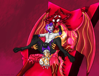 anal anal_penetration balls bodily_fluids clothing cum cumshot dominant duo ejaculation genital_fluids genitals larger_dom male male/male on_lap penetration penis sitting_on_lap size_difference torn_clothing wings naughty_ram hellaverse helluva_boss satan_(helluva_boss) stolas_(helluva_boss) avian bird demon owl hi_res