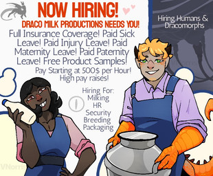 black_hair blonde_hair blue_clothing blue_overalls blush bottle brown_eyes claws clothing container dairy_products dark_body dark_skin duo fake_advertisement female food green_eyes hair hand_on_hip heart_symbol holding_object horn light_body light_skin looking_at_viewer machine male milk milk_bottle milk_container milking_machine orange_body orange_scales overalls pink_clothing pink_shirt pink_topwear pupils purple_clothing purple_shirt purple_topwear rolled_up_sleeves scales shirt silhouette slit_pupils smile smiling_at_viewer tail text topwear puppetmaster13uwu mythology animal_humanoid dracomorph dragon dragon_humanoid dragon_taur human humanoid humanoid_taur mammal mythological_creature mythological_scalie scalie taur cel_shading english_text shaded