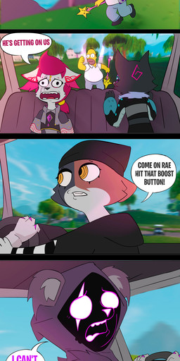 anthro chasing chasing_vehicle clothing comic_panel dialogue female group hair headgear headwear humor inner_ear_fluff male pink_hair scar scared speech_bubble text tuft yellow_eyes kuwsh epic_games fortnite the_simpsons homer_simpson kimiko_five-tails meow_skulls pack_leader_highwire raven_team_leader bear calico_cat canid canine canis domestic_cat felid feline felis fox human mammal wolf absurd_res comic english_text hi_res
