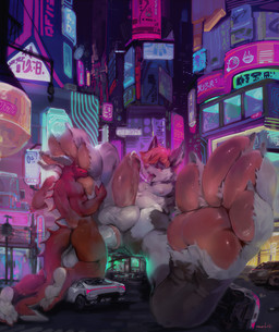 anal anal_penetration anthro anthro_on_anthro anthro_penetrated anthro_penetrating anthro_penetrating_anthro anus balls big_feet big_penis car cyberpunk destruction dorsal_frill duo erection eyes_closed feet foot_on_face frill_(anatomy) fur genitals grey_body grey_fur grey_horn hair horn huge_penis humanoid_genitalia humanoid_penis kneeling larger_anthro larger_male larger_penetrated macro male male/male male_penetrated male_penetrating male_penetrating_male neck_frill nipples nude open_mouth pawpads penetration penile penile_penetration penis penis_in_ass pink_anus pink_nipples pink_pawpads pink_penis pink_tongue puffy_anus reclining red_body red_hair sex short_hair sign size_difference smaller_anthro smaller_male tail tail_frill tongue tongue_out urban vehicle white_balls white_body white_fur white_penis oselotti mythology canid canine dragon mammal mythological_creature mythological_scalie scalie absurd_res hi_res