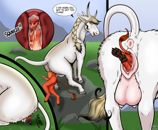 animal_genitalia animal_vulva anthro anus bodily_fluids bovine_genitalia bovine_vulva dialogue duo female feral feral_pred genital_fluids genitals grass male male/female penetration plant raised_tail rock sky speech_bubble tail teats udders unbirthing vaginal vaginal_canal vaginal_fluids vaginal_penetration vore vulva sammehchub zero_(kokkinos) bovid bovine canid canine cattle felid fox hybrid lion mammal pantherine absurd_res hi_res