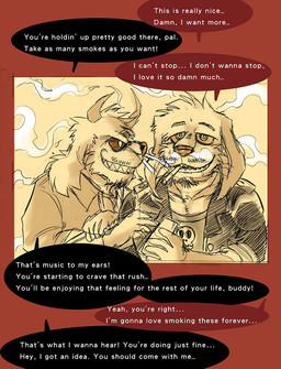 anthro bodily_fluids bone brainwashing cigarette clothed clothing corruption drooling duo ear_piercing facial_hair grin growth horn hypnosis jacket leather leather_clothing leather_jacket leather_topwear male mid_transformation mind_control muscle_growth piercing red_eyes saliva skull smile smoking text topwear transformation kas20241013 anonymous_character canid canine canis demon domestic_dog mammal english_text