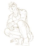 anthro barefoot biceps bottomwear clothing crouching feet forearm_muscles fur hair male markings muscular muscular_anthro muscular_male pants pecs ponytail shirt solo spots spotted_body spotted_fur tail tank_top topwear kuron pike_(kuron) cheetah felid feline mammal 2019 monochrome