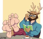 anthro antlers barefoot bathrobe beverage big_feet black_nose body_hair book brown_hair clothed clothing crossed_ankles facial_hair feet feet_up foot_fetish foot_focus foot_on_table fur furniture green_eyes hair horn humanoid_feet leg_hair male multicolored_body muscular muscular_male plantigrade reading robe simple_background soles solo supported_legs table tan_body tan_fur two_tone_body doritohead vaughn_venison deer mammal new_world_deer white-tailed_deer 2022 hi_res