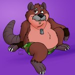 anthro belly big_belly black_nose buckteeth camo clothing facial_hair green_clothing male mature_male mustache overweight overweight_male purple_background simple_background sitting solo teeth underwear hubie360 brok_the_investigator cowcat_games tramp_(brok_the_investigator) cricetid mammal muskrat rodent 1:1 2023 hi_res