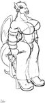 anthro armwear boots breasts bulge clothing corset dress footwear gynomorph high_heels intersex legwear lingerie non-mammal_breasts shoes solo spikes studs tail topwear bigshow cuphead_(game) mythology fan_character grim_matchstick ms._d_(bigshow) dragon mythological_creature mythological_scalie reptile scalie hi_res monochrome