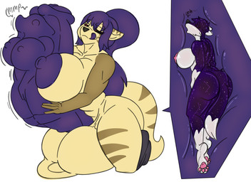 animal_genitalia animal_penis anthro areola balls big_balls big_breasts big_penis black_sclera breasts cock_vore constellation_markings cosmic_fur dipstick_ears dipstick_tail duo ear_markings ears_back equine_genitalia equine_penis erection eyes_closed female fur genitals gloves_(marking) gynomorph gynomorph/female hair huge_balls huge_breasts huge_penis hyper hyper_balls hyper_genitalia hyper_penis intersex intersex/female leg_markings licking licking_lips licking_own_lips looking_at_genitalia looking_at_penis markings masturbating_prey masturbation muffled_moaning multicolored_ears multicolored_tail nipples nude open_mouth penile penis pink_areola pink_nipples pivoted_ears prey_outline purple_areola purple_body purple_fur purple_hair purple_nipples purple_penis red_eyes simple_background socks_(marking) striped_cheeks striped_ears striped_markings striped_tail striped_thighs stripes tail tail_markings tan_body tongue tongue_out vore white_body white_fur servo117 tanti thaesami_(lady_drasami) canid canine fox hybrid mammal 11:8 2025 absurd_res colored digital_drawing_(artwork) digital_media_(artwork) hi_res widescreen