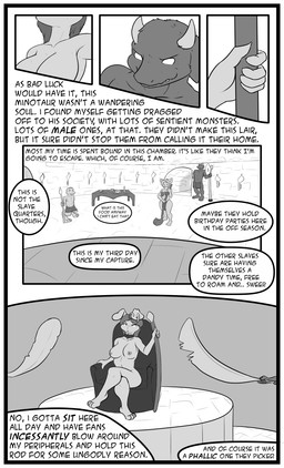 anthro areola axe big_breasts bottomwear breasts chair clothing collar crossed_legs digitigrade ear_piercing female fur furniture grin group hair horn inside jewelry loincloth long_ears long_hair male melee_weapon nipples nude piercing plantigrade rock sceptre sitting smile standing text thought_bubble throne torch weapon white_eyes lagotrope european_mythology greek_mythology mythology bovid bovine kobold lagomorph leporid mammal minotaur rabbit reptile scalie 2011 comic digital_media_(artwork) english_text hi_res monochrome