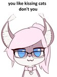 anthro blue_eyes collar ear_tassles eyewear female fur glasses hair heart_collar looking_at_viewer pink_collar pink_hair solo tan_body tan_fur text uwu white_body white_fur fluorite boy_kisser_(meme) blue_eyed_pink_haired_female_cat_(fluorite) domestic_cat felid feline felis mammal english_text hi_res meme