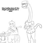 anthro bottomwear clothing cosplay dialogue disability duo electronics eyelashes female gatling_gun gun hair headgear headphones headset long_neck long_tail machine_gun minigun paraplegic ranged_weapon short_hair shotgun skirt tail text vehicle weapon wheelchair arsenic_iii cavemanon_studios i_wani_hug_that_gator team_fortress_2 valve heavy_(team_fortress_2) liz_farlane olivia_halford scout_(team_fortress_2) baryonyx brachiosaurid brachiosaurus dinosaur prehistoric_species reptile sauropod sauropodomorph scalie spinosaurid theropod 1:1 2023 black_and_white english_text hi_res monochrome sketch