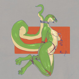 anthro arms_tied bdsm bedroom_eyes bent_legs bondage bound breasts crotch_rope female female_anthro genitals green_body green_scales grey_background hands_behind_back hands_tied legs_tied lidded_eyes long_tail multicolored_body muzzle_(object) muzzled narrowed_eyes nipple_clamp nipple_fetish nipple_play nipples nude nude_anthro nude_female prehensile_tail pussy_floss red_background rope scales seductive simple_background smug solo submissive submissive_anthro submissive_female tail tan_body tape tape_bondage tape_muzzle two_tone_body vulva flowerdino reptile scalie snake 1:1 hi_res