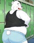 anthro belly black_nose blush butt clothed clothing detailed_background eyes_closed kemono male overweight overweight_anthro overweight_male shirt solo tank_top topwear underwear undressing yaki_atsuage utau shirane_kan bear mammal polar_bear ursine 2020 4:5 hi_res