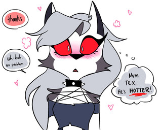 anthro blush clothing dialogue female fingerless_gloves fur gloves grey_body grey_fur grey_hair hair handwear heart_symbol long_hair red_sclera solo speech_bubble text thought_bubble white_body white_eyes white_fur emositecc hellaverse helluva_boss mythology loona_(helluva_boss) canid canid_demon canine demon hellhound mammal mythological_canine mythological_creature colored english_text hi_res