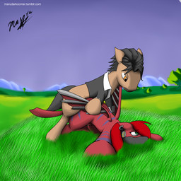 ask_blog black_hair bottomless clothed clothing duo female feral feral_on_feral from_behind_position grass green_eyes hair male male/female multicolored_hair muzzle_(object) muzzled orange_eyes outside plant red_hair sex wings mishiranui-san hasbro my_little_pony mythology tumblr fan_character equid equine mammal mythological_creature mythological_equine pegasus 1:1 absurd_res hi_res
