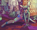 anklet anthro backpack biped bodypaint female hair jewelry looking_aside nude paint_on_body pose poster sex_club short_hair solo text spincraze olivia_(spincraze) lagomorph leporid mammal rabbit 2023 english_text hi_res