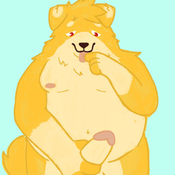 anthro belly big_belly genitals male overweight penis solo tongue locheloche freddie_vei bird_dog canid canine canis domestic_dog golden_retriever hunting_dog mammal retriever 1:1 hi_res