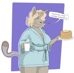 anthro bathrobe blonde_hair breasts cleavage clothed clothing coffee_cup container cup dialogue domestic_cat english_text felid feline felis female food fur glubbub greeting_viewer grey_body grey_fur hair hair_over_eye hi_res looking_at_viewer mammal pancake robe robe_only short_hair slightly_chubby slightly_chubby_female smile solo speech_bubble tail text