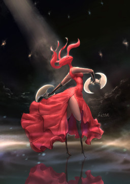anthro biped clothed clothing cloud dress female fingers holding_object holding_weapon pose reflection solo standing text water weapon watte hollow_knight:_silksong hollow_knight_(franchise) team_cherry skarrsinger_karmelita ant arthropod hymenopteran insect skarr 2025 english_text hi_res signature