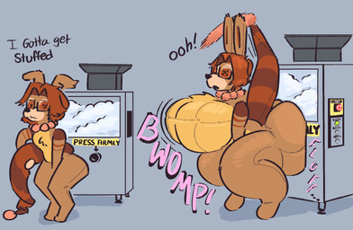 ambiguous_gender anthro breast_expansion breasts butt butt_expansion expansion expansion_sound_effect machine plush_stuffing plushie solo text thigh_expansion conditional_dnp girl_poss ristretto_(ristretto) kangaroo macropod mammal marsupial english_text hi_res