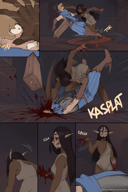 5_fingers armor barely_visible_nipples black_hair black_sclera blonde_hair blood blood_on_hand blood_splatter blue_clothing bodily_fluids bottomless box breastplate breasts brown_hair burn_mark claws clothed clothing container crate cruelty crushed_head dark_body dark_hair dark_skin death duo facial_markings female fingers flat_chested floor gore hair head_markings humanoid_pointy_ears inside killing light_body light_hair light_skin male markings motion_lines nipples not_furry onomatopoeia pale_skin pointy_ears ragged_clothing red_eyes scared sigh sleeveless_topwear small_breasts small_claws sound_effects strong_female tan_clothing text transformation violence arbuzbudesh lady_wolf_(arbuzbudesh) demon elf human humanoid mammal 2026 2:3 colored comic english_text hi_res