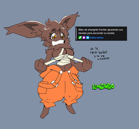 anthro big_breasts big_ears bottomwear breasts brown_body brown_fur brown_hair brown_nose cheek_tuft chest_wraps clothing eyelashes facial_tuft female front_view fur grey_background hair looking_at_viewer navel orange_bottomwear orange_clothing orange_eyes simple_background smile solo tuft wraps oiruazumel shangri-la_frontier bilac_(shangri-la_frontier) angora_rabbit domestic_rabbit lagomorph leporid mammal oryctolagus rabbit vorpal_bunny hi_res