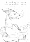 alcohol annoyed anthro barmaid beer beverage big_breasts breasts broken_arm chair clothing costume crossed_arms duo ear_piercing female furniture jewelry misogyny necklace piercing sexism table text topknot zaggatar mythology fracture dragon humanoid mythological_creature mythological_scalie orc scalie 2014 english_text monochrome