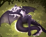 anthro areola belly black_body breasts crystal female hair horn lying membrane_(anatomy) membranous_wings nipples on_back on_grass solo spread_wings tail white_belly white_hair wings elysianelly mythology dragon felid feline hybrid mammal mythological_creature mythological_scalie scalie absurd_res hi_res