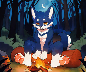 anthro blue_body blue_fur bonfire campfire fire forest forest_background fur light log male moon moonlight nature nature_background pawpads pink_pawpads plant rock slim solo tail tree warm_lighting white_body white_fur wood yellow_eyes young mkwolf2022 canid canine canis domestic_dog mammal shiba_inu spitz