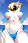 anthro belly big_belly big_breasts blush breasts camel_toe clothing ear_piercing female fluffy fur hair huge_breasts looking_at_viewer machine piercing protogen_armor protogen_visor simple_background solo swimwear thick_thighs wide_hips zhadart juno_(my_furry_protogen) protogen absurd_res digital_media_(artwork) hi_res