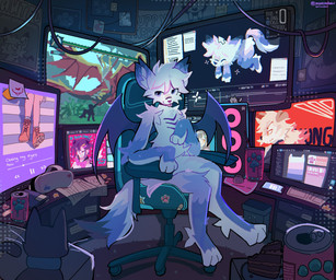 anthro biped blep computer countershade_fur countershading electronics fur gaming_chair looking_at_viewer male membrane_(anatomy) membranous_wings purple_body purple_fur slim_anthro slim_male solo text tongue tongue_out white_body white_countershading wings mintcashew canid canine canis mammal wolf 2024 absurd_res english_text hi_res