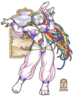 anthro armwear breasts clothed clothing detached_sleeves ear_piercing female fur hair harem harem_outfit legwear multicolored_hair piercing rainbow_hair smile solo translucent translucent_armwear translucent_clothing translucent_legwear white_body white_fur kierstal lagomorph leporid mammal rabbit