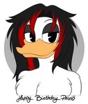 big_breasts birthday_gift black_hair breasts female fluffy_breasts hair happy_birthday highlights_(coloring) looking_at_viewer non-mammal_breasts nude red_highlights smile solo lunula_(artist) disney ducktales ducktales_(2017) paivio_selanne paivio_selanne_(ducktales) hi_res portrait