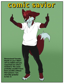 anthro black_nose blue_body blue_fur border clothing fur hair happy male orange_eyes red_body red_fur red_hair solo text white_border allartskye canid canine fox mammal comic english_text hi_res