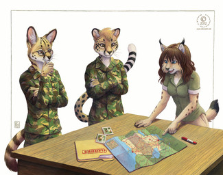 anthro clothed clothing eyewear female fully_clothed glasses group male map military tail uniform whiskers kacey cheetah felid feline lynx mammal serval 2012