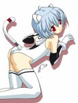 blue_hair breasts butt cat_tail clothed clothing female glistening glistening_eyes hair legwear looking_at_viewer plugsuit raised_tail rear_view red_eyes short_hair skimpy solo stockings tail thigh_highs tight_clothing dcrmx gainax neon_genesis_evangelion rei_ayanami animal_humanoid cat_humanoid felid felid_humanoid feline feline_humanoid humanoid mammal mammal_humanoid 2011