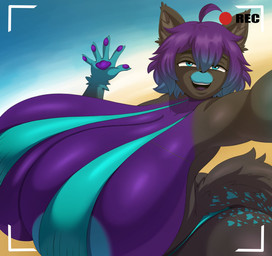 anthro areola areola_slip beach big_breasts bikini black_nose blue_eyes breasts clothing female gesture hair huge_breasts hyper hyper_breasts multicolored_body open_mouth paws recording smile solo swimwear tail two-piece_swimsuit waving itisjoidok kalebur_(latyproto) domestic_cat felid feline felis mammal hi_res shaded