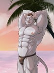 anthro armpit_hair beach beard belly body_hair clothing facial_hair fur hair horn looking_at_viewer male mature_male muscular muscular_male nipples outside pecs plant sky smile solo tail tree underwear orange-lin bovid bovine cattle mammal absurd_res hi_res