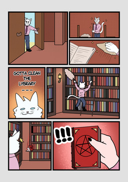 anthro book bottomwear church clothing collared_shirt dress_shirt ladder library male necktie occult_symbol pants pentagram religion shirt solo symbol text topwear whiskers lewd_catto jesus_(lewd_catto) domestic_cat felid feline felis mammal absurd_res comic english_text hi_res