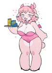 anthro blush breasts chin_piercing cleavage clothed clothing collar footwear fur heart_symbol high_heels looking_at_viewer open_:3 pink_body pink_fur shoes skimpy snacks solo thick_thighs tight_clothing wings yerba_mate catgenderzz starburst_(catgenderzz) domestic_cat felid feline felis mammal munchkin_cat 2024 absurd_res hi_res nonbinary_(lore)