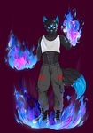 anthro boots bottomwear clothing crop_top fire footwear hair looking_at_viewer male pants shirt shoes simple_background solo topwear guepardoxart canid canine fox mammal absurd_res hi_res