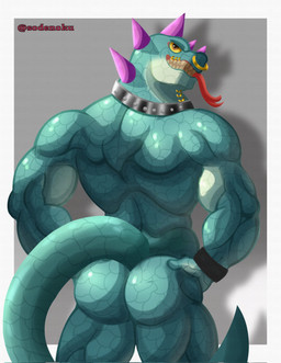 anthro butt collar facial_piercing green_body green_scales head_spikes looking_at_viewer looking_back looking_back_at_viewer male mouth_piercing muscular muscular_anthro muscular_male neck_piercing nose_piercing nude piercing purple_spikes rear_view scales solo spikes spikes_(anatomy) studded_collar studs tail tongue tongue_out yellow_sclera sodenoku goat_(movie) sony_corporation sony_pictures modo_olachenko komodo_dragon lizard monitor_lizard reptile scalie 2026 digital_media_(artwork) hi_res