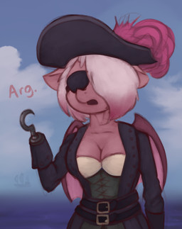 amputee anthro bat_wings belt breasts cleavage clothed clothing cloud day detailed_background disability eye_patch eyewear female fur hair hair_over_eye hat headgear headwear hook hook_hand jacket membrane_(anatomy) membranous_wings one_eye_obstructed open_mouth outside pink_body pink_fur pink_hair pirate seascape ship shirt sky solo text topwear vehicle water watercraft white_hair wings marsminer hasbro my_little_pony fan_character kala_vera bat_pony equid mammal 2018 english_text