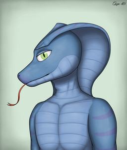 anthro blue_body blue_skin green_eyes looking_at_viewer male purple_stripes simple_background solo striped_body stripes text tongue tongue_out ekspie-a01 cobra reptile scalie snake artist_name digital_drawing_(artwork) digital_media_(artwork) hi_res portrait signature